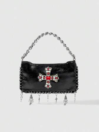 Goth Borsa a tracolla alla moda con decorazioni a croce e ragno in strass