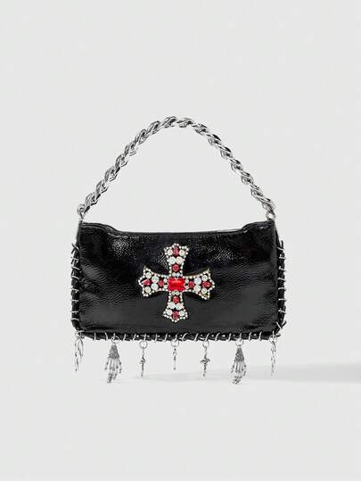 Goth Fashionable Rhinestone Cross & Spider Decoration Messenger Bag