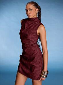 Normani Đầm ngắn không tay cổ đứng xếp nếp bằng da PU dành cho nữ, thời trang mặc hàng ngày, thời trang thường ngày thập niên 90 dành cho nữ, trang phục dạo phố, đầm PU cổ xếp ly màu trơn, thích hợp mặc dự tiệc, công sở, ngoài trời, mặc lót hoặc mặc riêng, đầm cocktail thích hợp mặc đi chơi và dự tiệc, đầm Giáng sinh - Màu Đỏ Sâu - Xem 5