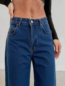 EURMUSE Women's Pocket Loose Wide Leg Casual Versatile Jeans - Navy Blue - View 5