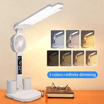 Quad Desk Lamp With Fan 3 Colors Eye Care Desk Lamp Includes Pen Holder And Smart Display Folding Study Plug-In Model Night Light For Desk Bedroom Reading