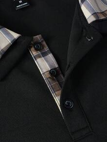 Manfinity Mode 男士格子印花 Polo 衫长袖纽扣领拼色休闲 Polo 衫，适合丈夫穿着，秋季