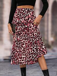 SHEIN Clasi Chân váy chữ A cạp cao họa tiết da báo thường ngày dành cho nữ, mùa thu - Đỏ - Xem 6