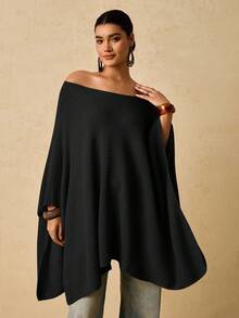 Travachic Lässiger Oversized Off-Shoulder Loser Weißer Poncho Pullover für Damen, Herbst/Winter - Schwarz - Übersicht 4