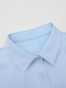 Airaco 女士休闲纯色落肩宽松衬衫，秋季长袖衬衫 - 藍色 - 查看 3