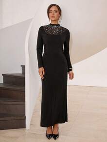 Modelyn Women's Long Sleeve Rhinestone Embellished Dress - Black - View 6