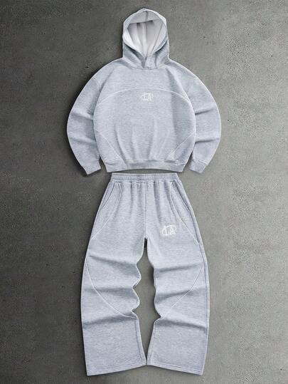 STYNVO 男士字母刺绣长袖连帽衫和运动裤休闲套装 男士针织套装 男士运动服套装 男士灰色运动裤 男士针织套装 男士运动服套装