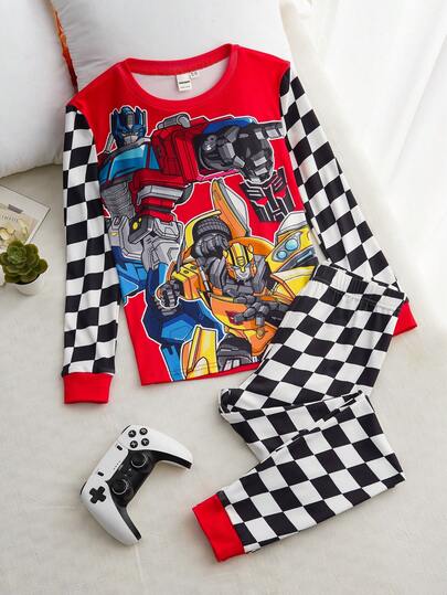 Transformers X SHEIN 两件套青少年男童卡通机器人和棋盘格印花圆领长袖上衣和裤子睡衣套装