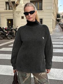 SHEIN EZwear Áo len cổ lọ xẻ tà cỡ lớn, thường ngày, thu/đông - màu đen - Xem 4