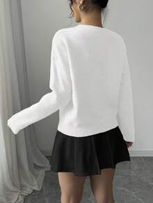 Elenzga 女式圆领花卉图案纯色套头毛衣 - 白色 - 查看 2