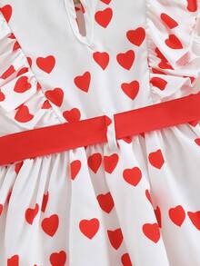 SHEIN Girls' Cute Heart Print Ruffle Hem Dress With Round Neck And Flutter Sleeves , Comes With Red Belt, Suitable For Spring/Autumn And Valentine's Day - Red and White - View 8