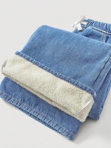 SHEIN 少女宽松基础款蓝色牛仔保暖裤，秋冬季 - 淺色水洗藍 - 查看 8