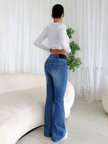 SHEIN Tall Women's Jeans Casual Skinny Stretch Flared Pants Blue Skinny Jeans High Waist Flared Pants Tall Women's Jeans , Autumn And Winter Thermal Lined Denim Jeans - Medium Wash - View 2