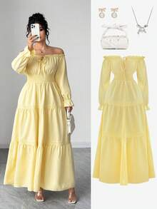 Elenzga Váy trễ vai thanh lịch cỡ lớn, tôn dáng cho kỳ nghỉ biển - Màu vàng - Xem 2