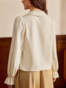 Vintamour Áo kiểu nữ cổ điển thanh lịch thêu nút, viền bèo nhún, thích hợp cho kỳ nghỉ đông, Giáng sinh và năm mới. - Màu be - Xem 4