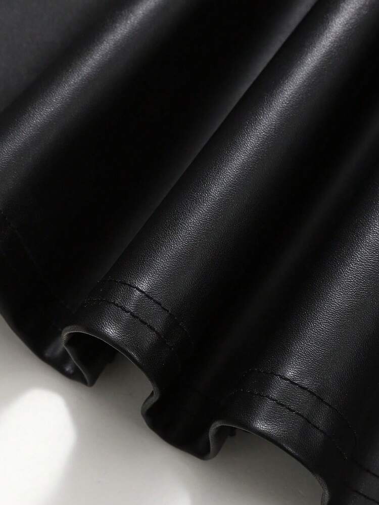 تنورة بخصر متقاطع مريحة بسيطة للفتيات المراهقات من جلد البولي يوريثان - الأسود - مشاهدة 5