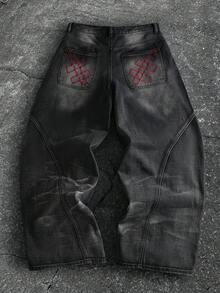 ROMWE MEN Street Life Quần Jeans Nam Dáng Rộng Thêu Họa Tiết - Màu xám đen - Xem 8