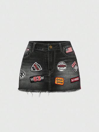 ROMWE Avant Gonna di jeans mini vintage con logo invecchiato e stile vintage per donna