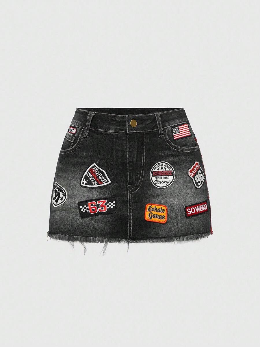 ROMWE Avant Vintage Distressed Retro Logo Denim Mini Skirt For Women - Black - View 1