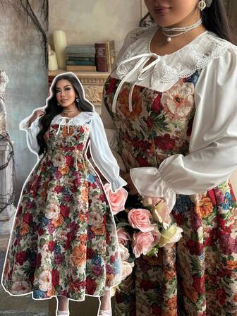 Lyrianda 新款秋冬蝴蝶结优雅度假提花蕾丝边泡泡袖V领长袖连衣裙泡泡裙摆显瘦腰身生日派对公主裙