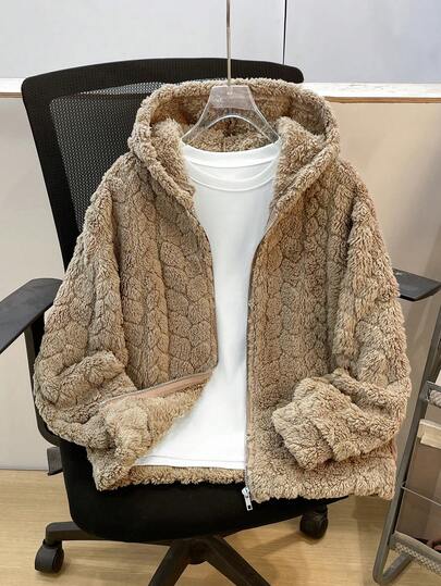 SHEIN Tween Boy Hooded Casual Sports Textured Fleece Zip-Up Jacket, Suitable For Commuting, School, Everyday Casual, Travel, Sports, Autumn/Winter