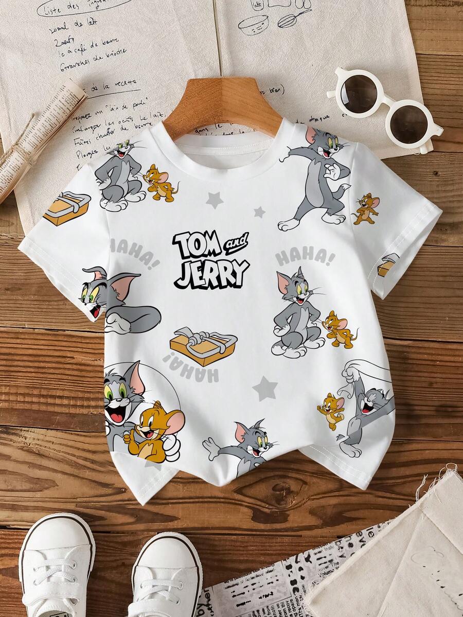 TOM & JERRY X SHEIN Young Boy Casual Letter & Cartoon Graphic Round Neck Short Sleeve T-Shirt, Summer