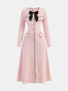 SHEIN Serisse Kids 少女优雅缎带拼接蝴蝶结装饰长袖长款连衣裙，冬季连衣裙，圣诞连衣裙，优雅连衣裙 - 粉色 - 查看 5