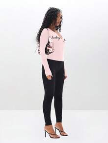 BABYPHAT Áo thun cổ chữ V tay dài đính đá pha lê ôm vừa vặn - Màu Hồng baby - Xem 3