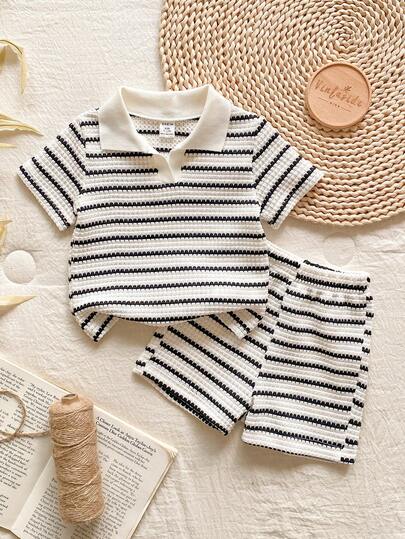 Vintaside Kids 2pcs Baby Boy Summer Fashion Striped V-Neck Short Sleeve Top And Matching Waistless Shorts Set