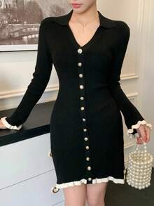 DAZY Vestido de punto con botones y ribete de bloques de color para mujer, otoño/invierno - Negro - Ver 1