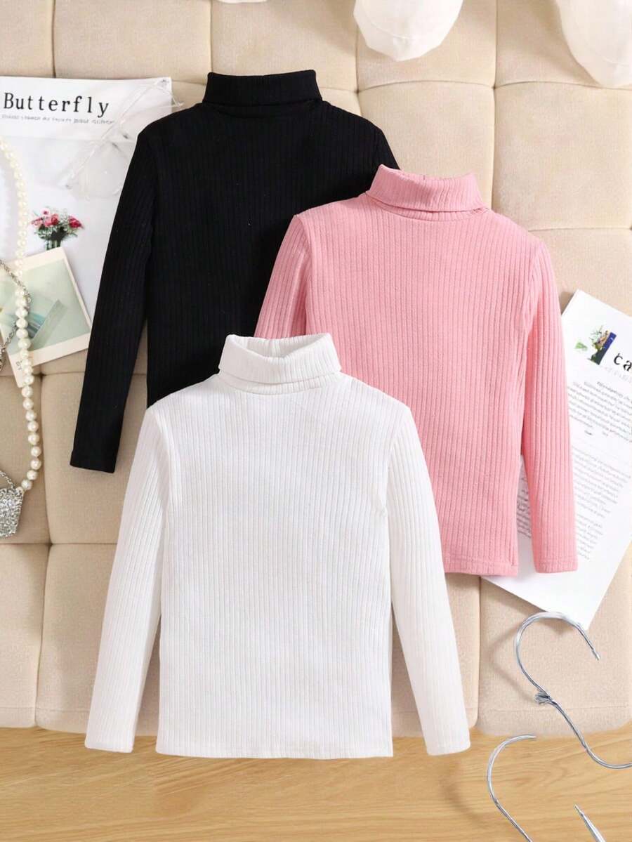 SHEIN 3 piezas Tops de manga larga con cuello alto de punto de unicolor básico para niñas preadolescentes - Multicolor - Ver 1