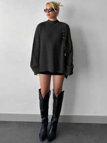 EURMUSE Plus Size Women's Solid Color Minimalist Everyday Wear Turtleneck Long Sleeve Sweater - الأسود - مشاهدة 6
