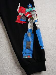 Transformers X SHEIN 两件套男童休闲字母机器人图案针织抽绳长款运动裤，黑色和灰色