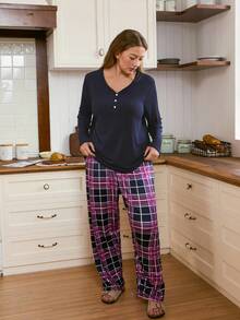 SHEIN Plus Size Ribbed Trim Decorated Top & Plaid Print Pants, American Casual Pajama Set, Winter Clothes