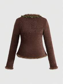 ROMWE Fairycore 风格大码串珠刺绣蕾丝针织棕绿色拼接开衫毛衣，嬉皮波西米亚风大码女式针织上衣，复古圣诞毛衣，秋冬款 - 綠色 - 查看 2