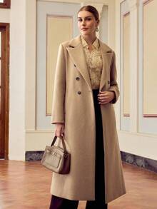 ZEYLAH 女式纯色翻领长袖双排扣大衣 - 卡其色 - 查看 6