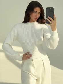 Aloruh Pulover vintage pentru femei cu guler înalt, mâneci tip liliac, talie strânsă, pulover gros tricotat, pentru toamnă/iarnă - alb - Vizualizare 3