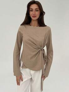 Aloruh Khaki Minimalist Office/Commute Boat Neck Flare Sleeve Tie Waist Women Blouse - Khaki - View 10