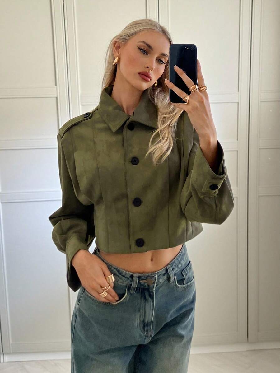 Siren Gaze Damen Kurze Wildleder Knopfjacke - Revers Kragen, Einreihig, Langarm Lässig Oberbekleidung, Frühling, Herbst, Winter - Armeegrün - Übersicht 1