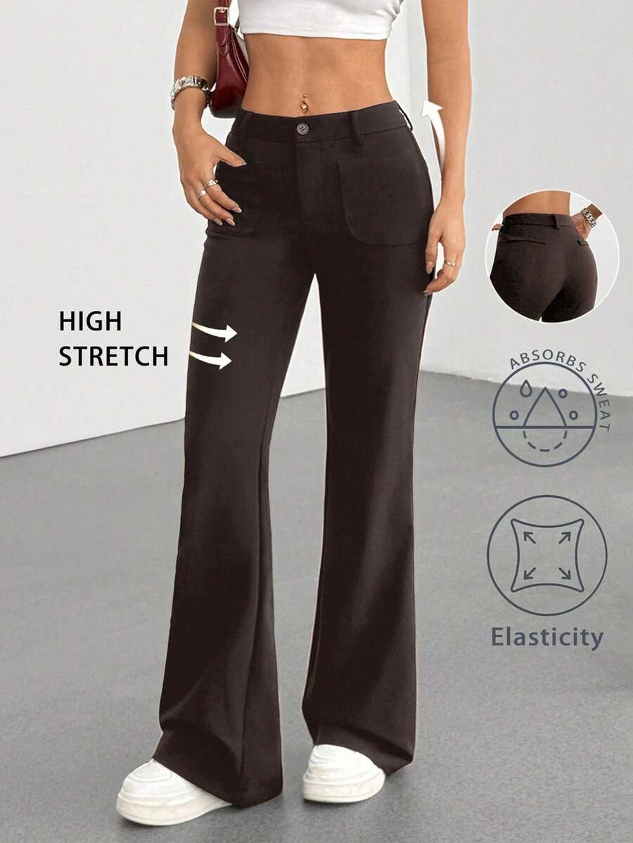 SHEIN Unity Quần cạp cao ôm dáng đi làm màu trơn mới dành cho nữ, quần ống loe thoải mái, thanh lịch, đa năng, mùa thu/đông - màu nâu - Xem 1