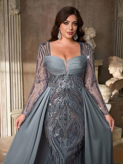 Glamrae Robe de soirée élégante et romantique grande taille, col en cœur, manches longues transparentes, avec épissure de perles de luxe, ourlet sirène avec traîne pailletée. Convient pour les cérémonies, les fêtes et les dîners de gala (design orné)