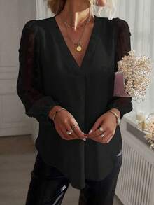 Plus Size Women V-Neck Color Block Mesh Lantern Sleeve Blouse Fall Cloth For Women - Black - View 5