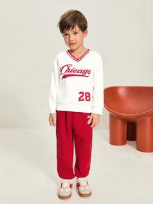 Leap Crew 男童红色抓绒装饰平针织运动字母V领长袖落肩卫衣，搭配抽绳腰休闲运动裤，适合户外活动，秋冬季穿着。 - 紅色 - 查看 5