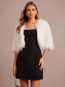 Enchnt Manteau court en fourrure blanc de luxe romantique pour femmes en automne-hiver, chic, élégant et pour les fêtes, les rendez-vous, les vacances, la remise des diplômes, les invités de mariage, le bureau, la sortie, Halloween, Noël, la rentrée scolaire, manteaux d'automne pour femmes, Nouvel An pour femmes - Blanc - Voir 6