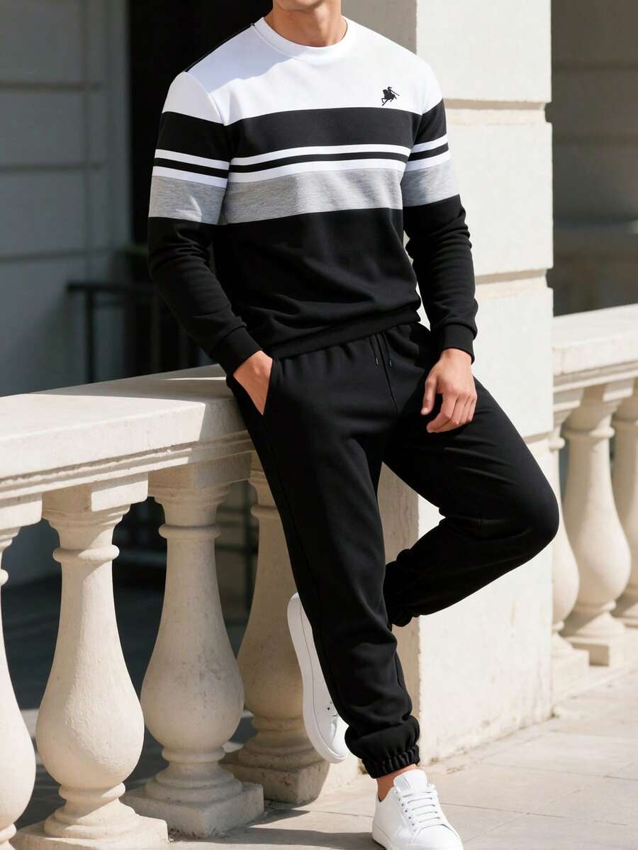 Manfinity Homme 男士生日礼物,休闲街头风条纹圆领长袖卫衣和抽绳腰运动裤套装,男士慢跑套装,男士休闲套装,男士两件套运动服,男士黑白两件套,男士街头风 - 黑色 - 查看 1