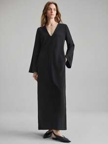 Ontre 女士黑色面料舒适宽V领长袖喇叭袖H型连衣裙，前中缝装饰，不对称下摆设计，不同面料拼接设计，优雅都市休闲商务通勤高品质机场连衣裙，采用优质面料制成 - 黑色 - 查看 8
