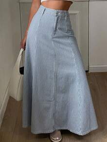 DAZY Women's Casual Commuting Striped Long Denim Skirt Jeans Skirt - Light Grey - View 6