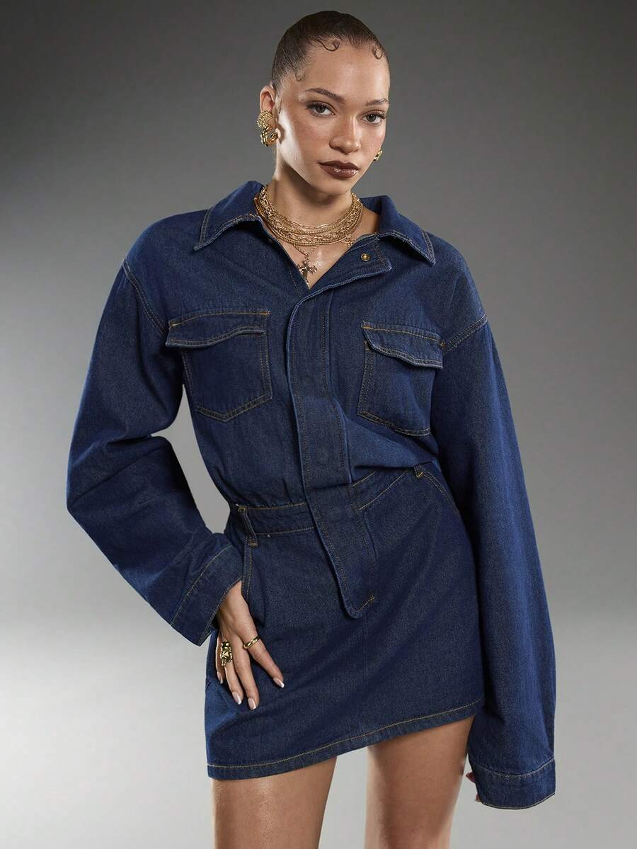 Normani Váy denim mini có túi nắp gập cài nút - Rửa tối - Xem 1