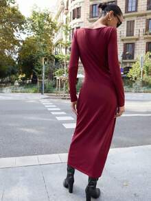Maija Women's Solid Color Boat Neck Long Sleeve Ruched Metal Decor Fashionable Dress Christmas Outfit For Women New Year Clothes  Elegant Party Dresses  Elegant Dresses For Women   Red Dress Holiday Outfits  Red Dress For Women - Burgundy - View 4