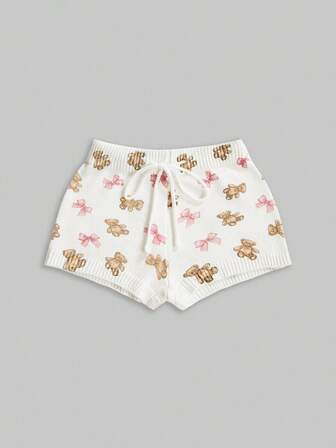Kawaii Cute Bear & Bow Drawstring Elastic Waist Knitted Women's Low-Rise Shorts
